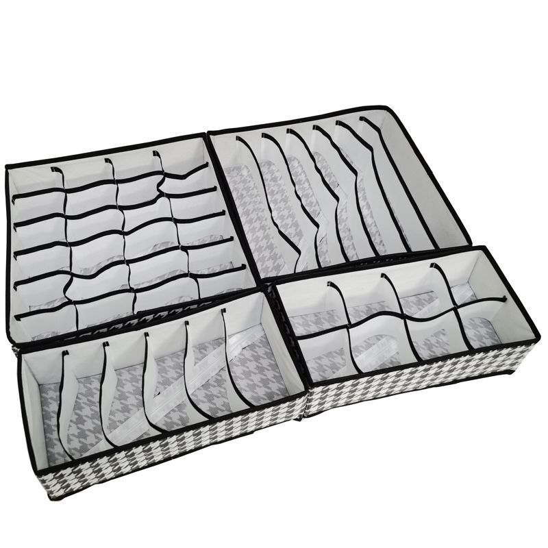 ベージュグレー千鳥格子下着収納ボックス4点セットチェック柄下着靴下ブラジャー衣類収納ボックス生地|undefined