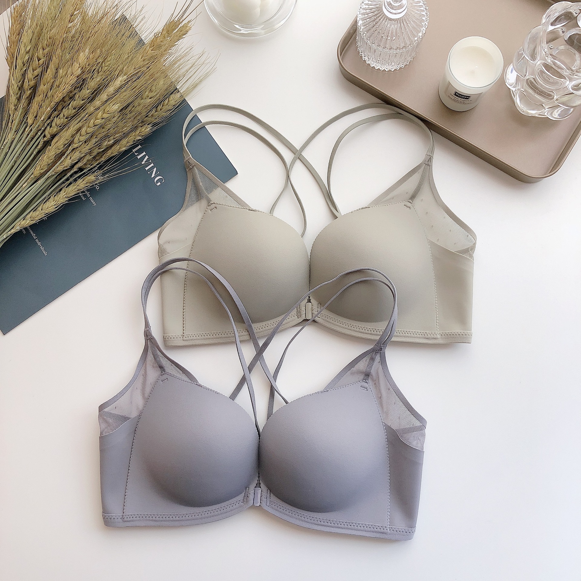 Luz japonesa de alta calidad kapok inalámbrico cómodo frente hebilla Sujetador push up Cruz belleza espalda grande ropa interior para las mujeres