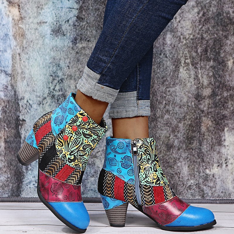 2023 Foreign Trade Large Size European and American Bohemian Women's Martin Boots Ethnic Style Casual Retro Stitching High Heel Short Leather Boots