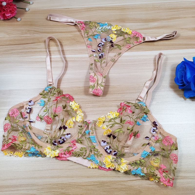 Cross-border European and American summer new fashion embroidered flower color push up underwear split bra suit thong women Cross-border European and American summer new fashion embroidered flower color push up underwear split bra suit thong women