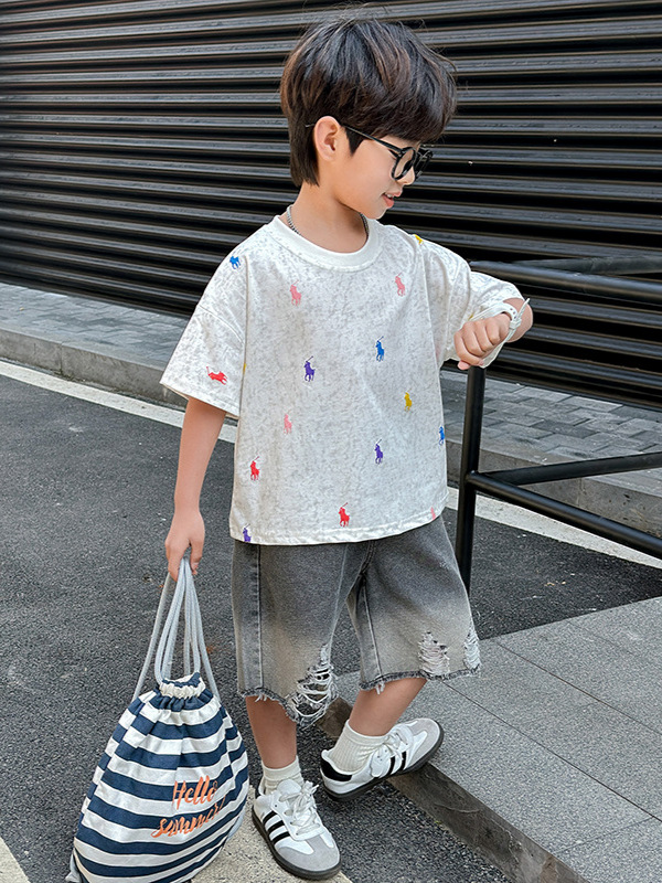 7378 Traje de verano para niños Camiseta de manga corta de dibujos animados para niños coreanos Pantalones vaqueros para bebés Pantalones cortos de verano Ropa delgada 3