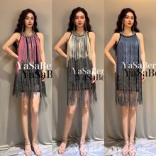源头工厂欧美外贸拉丁桑巴舞裙重工吊带流苏亮片钉珠演出服连衣裙