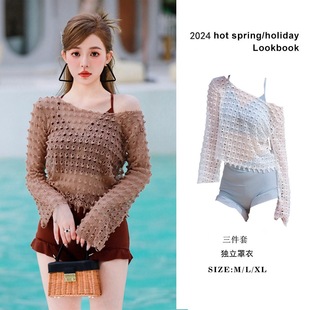 2024 Swimsuit Women's Split Bikini Bikini Three-Piece Set Conservative Slim Belly Covering Sexy Blouse Hot Spring Swimsuit
