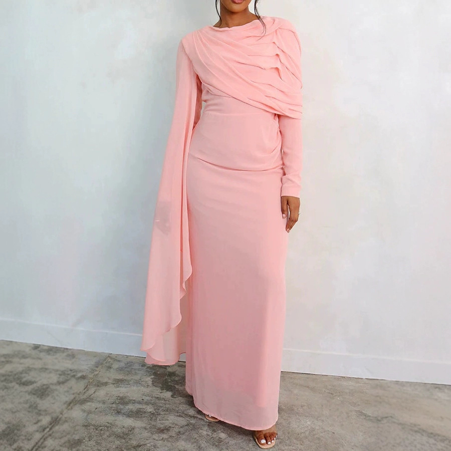 Women's Slim Dress Round Neck Solid Color New European And American Style_ecoleips.com