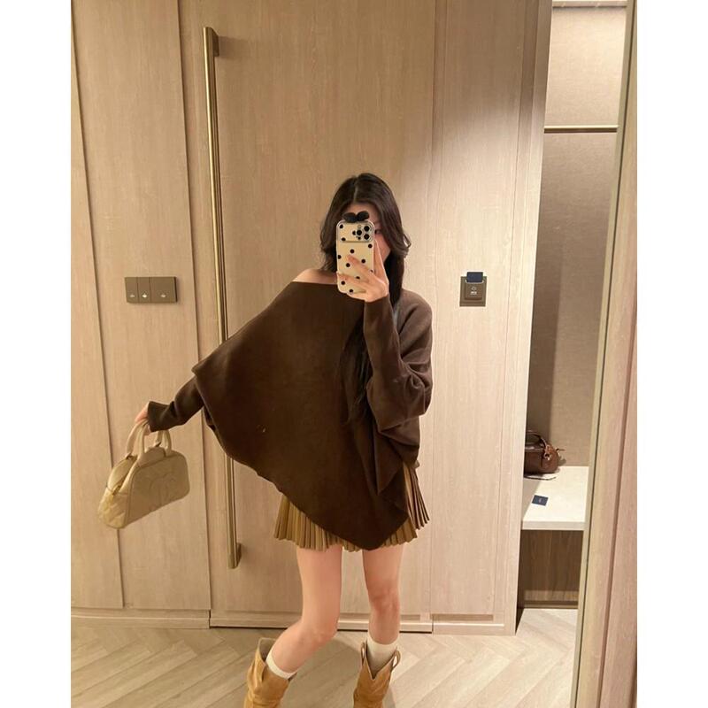 新款宽松蝙蝠袖毛针织女秋冬软糯慵懒感百搭上衣奶杏色卡其色咖色|undefined