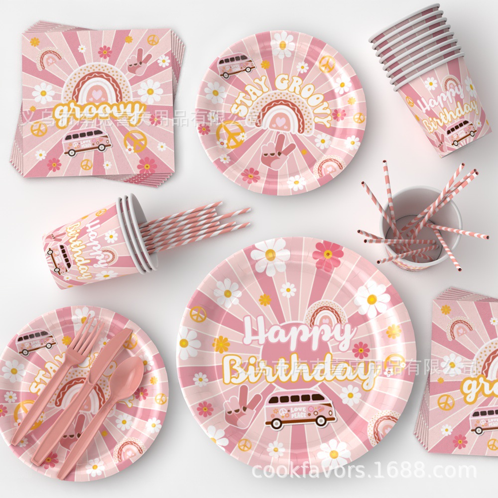 Nueva niña hippie cumpleaños bandeja de papel desechable taza de papel toalla de papel juego de vajilla plato de fiesta bohemia