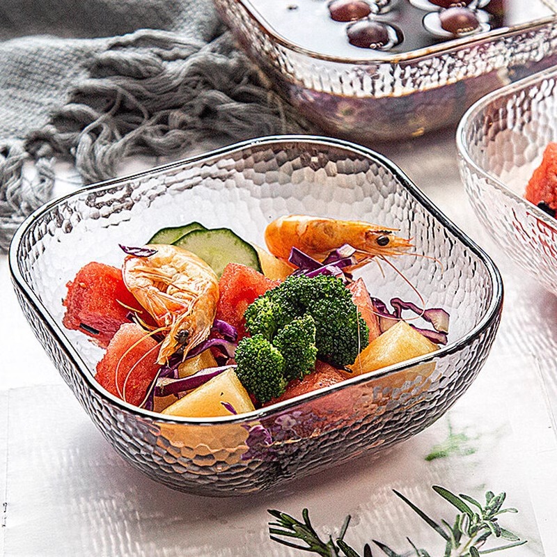 Square Crystal Hammered Gold-Rimmed Glass Bowl Household Fruit Bowl Creative Fruit Bowl Snack Salad Bowl Dessert Bowl in