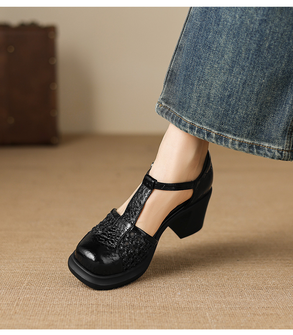 Sandal cao gót nữ quai ngang phong cách vintage, gót 8.5 cm, đế dày, mũi kín — đen chi tiết 14