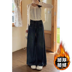アメリカのレトロな厚いベルベットのジーンズの女性の冬の大きいサイズの太ったmm梨の形の体はゆったりしていて、やせている広脚のズボンが見えます。