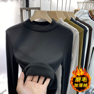 2025 Autumn and Winter New Baby Velvet Stand Collar Boss Girl Bottoming Shirt Women's Velvet Thickened Long Sleeve Half Turtle Collar Bottoming Shirt
