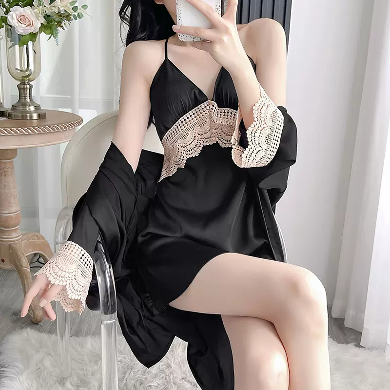 性感睡衣女春秋款长袖蕾丝套装夏季带胸垫美背吊带睡裙袍两件套女