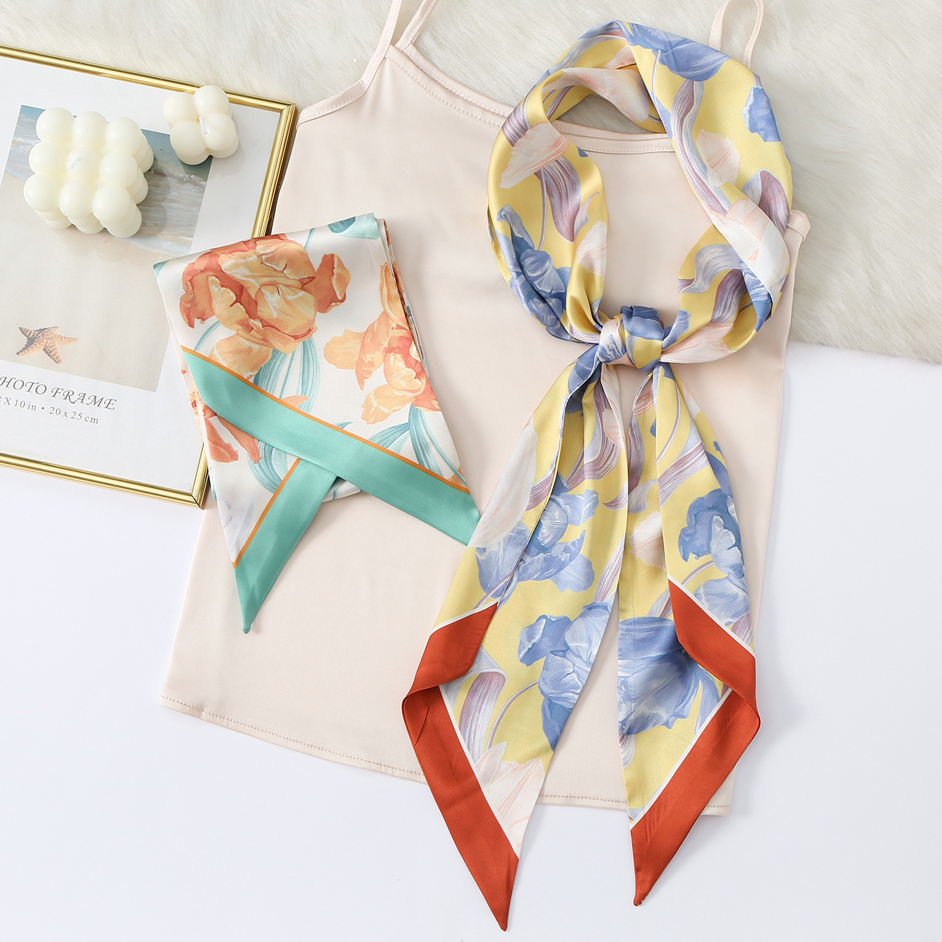 Primavera nueva bufanda de seda artificial impresa al por mayor bufanda de seda larga cinta de las mujeres moda flor dulce pequeña bufanda