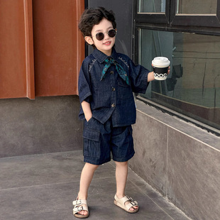 Sweet and Sour Kidsren's Summer Suit 25 New Korean Style Boys and Girls Tencel Thin Denim Shirt Suit Comes with Silk Scarf