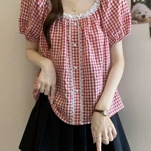 Lace Splicing Plaid Short-Sleeved Shirt for Women Summer Large Size Fat mm French Sweet Top Foreign Style Shirt