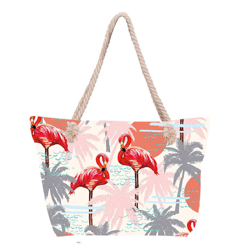 Bolso de playa impreso para mujer de venta caliente transfronterizo Bolso de lona portátil de gran capacidad Bolso de hombro junto al mar Bolso de mano con cuerda de algodón