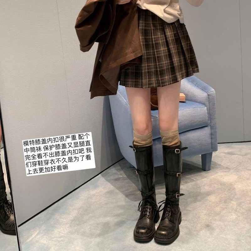 miu家今年流行爆款靴子女秋冬2025新款机车真皮复古高级感长筒靴|undefined