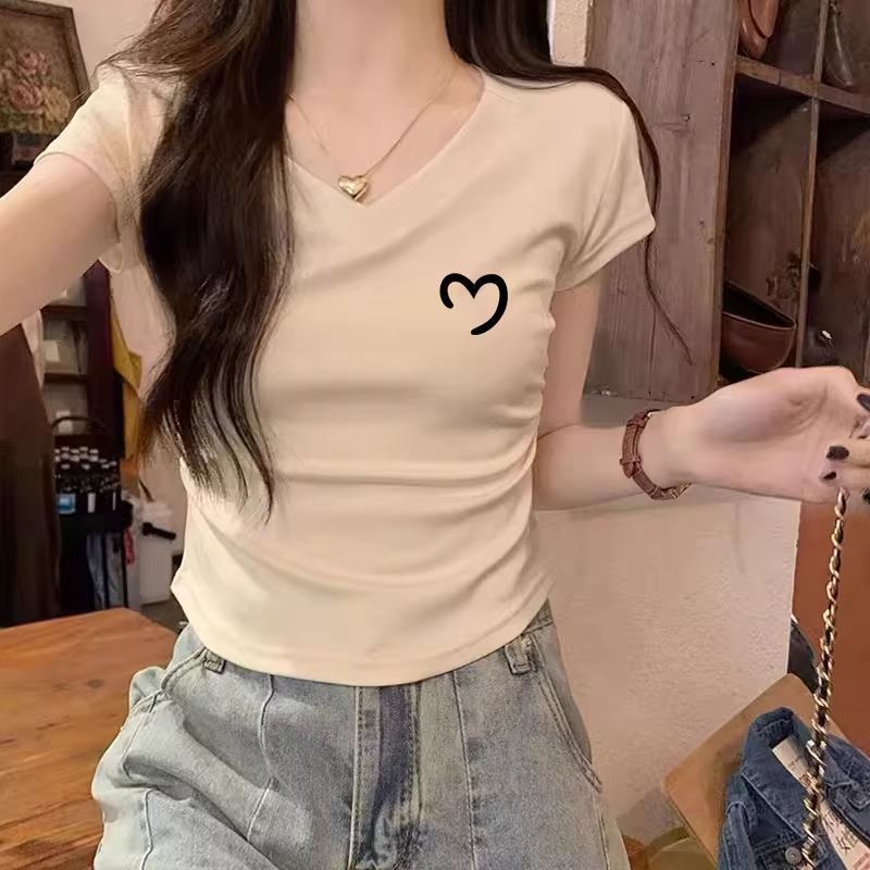 純綿夏の新しいスタイルの女性用Vネック半袖Tシャツ、スリムフィット、プリーツホットガールトップ|undefined