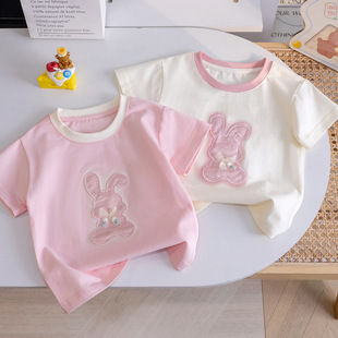 Girls' Summer Cartoon Short-sleeved T-shirt New Style Baby Girl Cute Bunny Bow Top Korean Style Children's Wear 3