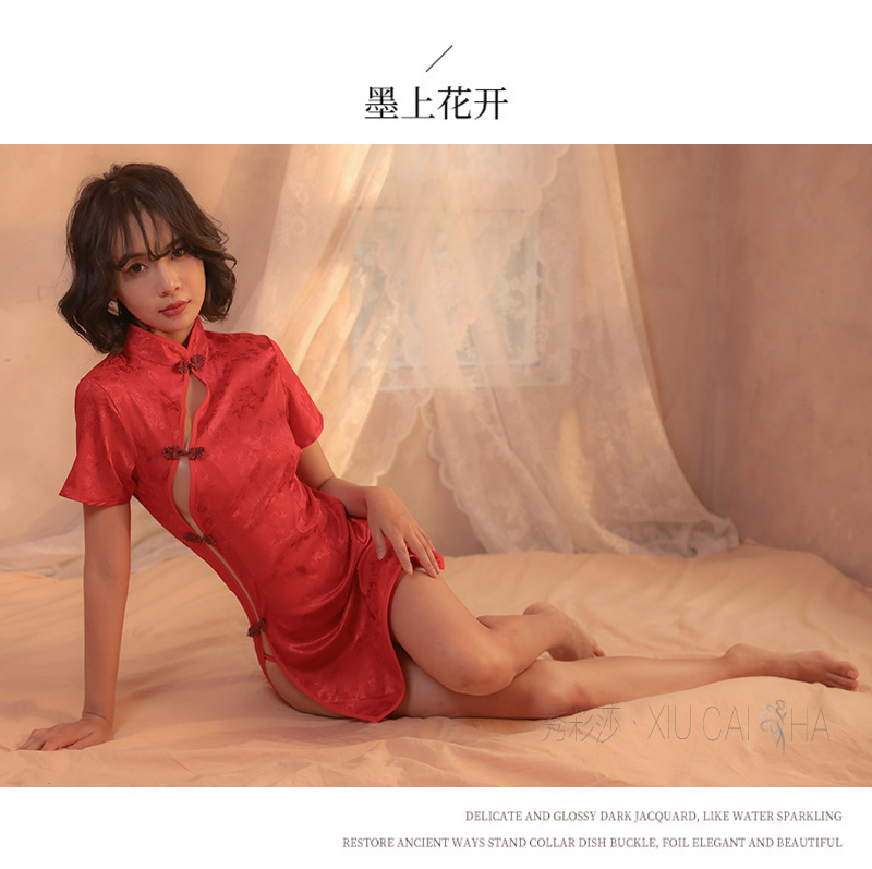 Retro Cheongsam Roleplay Lingerie Set, Satin Split Uniform, Black One Size — detail image 18