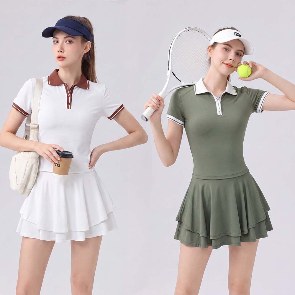 Spring and summer new golf polo collar short-sleeve tennis outfit two-piece set for women, anti-exposure casual sports tennis skirt