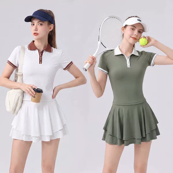 Spring and summer new golf polo collar short-sleeve tennis outfit two-piece set for women, anti-exposure casual sports tennis skirt