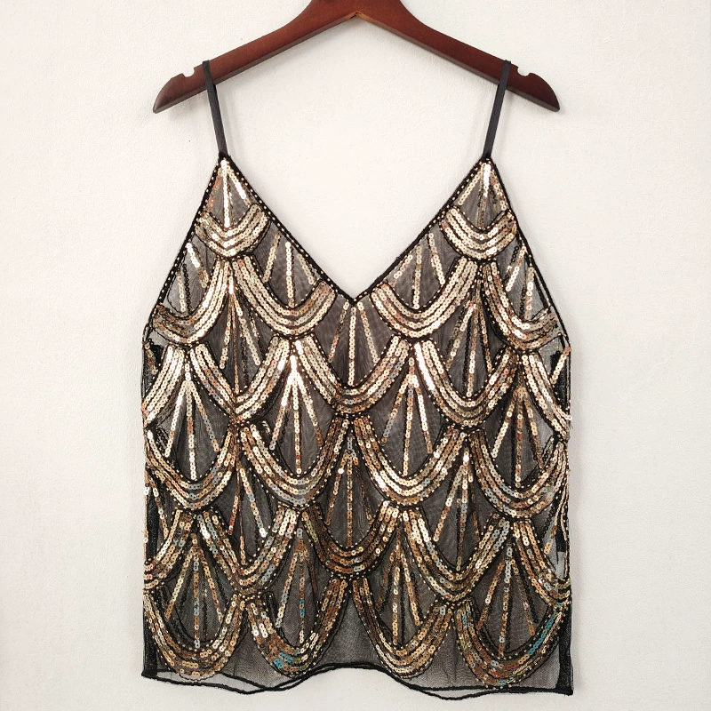 Летние блестки с бисером, подтяжка, женская сексуальная, тонкая, короткая жилет с V-образным вырезом