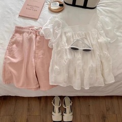 2025藍色短袖襯衫女夏季法式輕熟小眾設計感小個子娃娃衫方領上衣