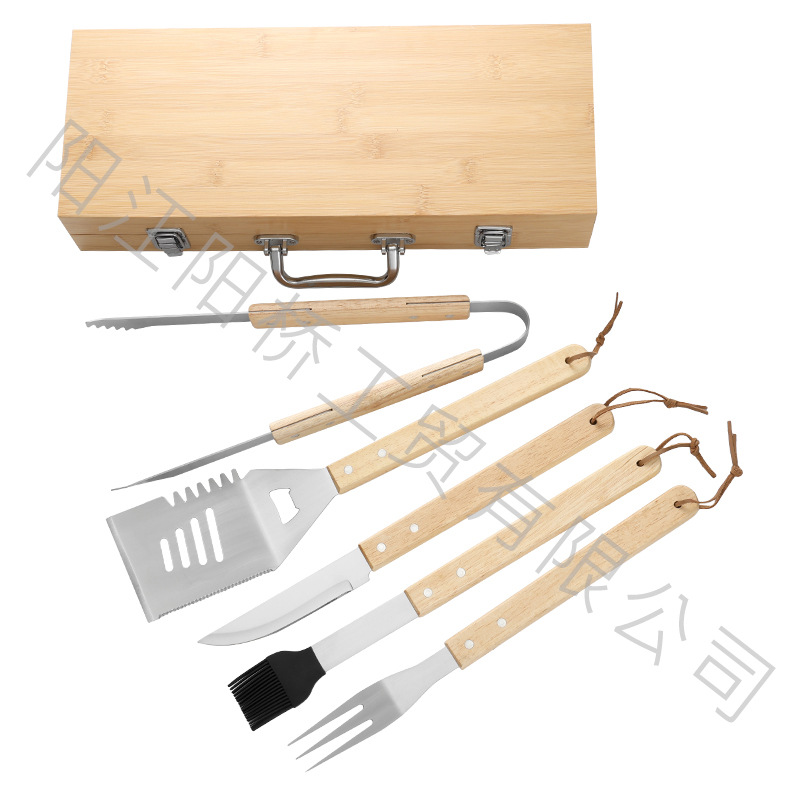 Amazon Hot Cross-Border Acero inoxidable parrilla caja de madera de cinco piezas camping al aire libre parrilla conjunto de herramientas