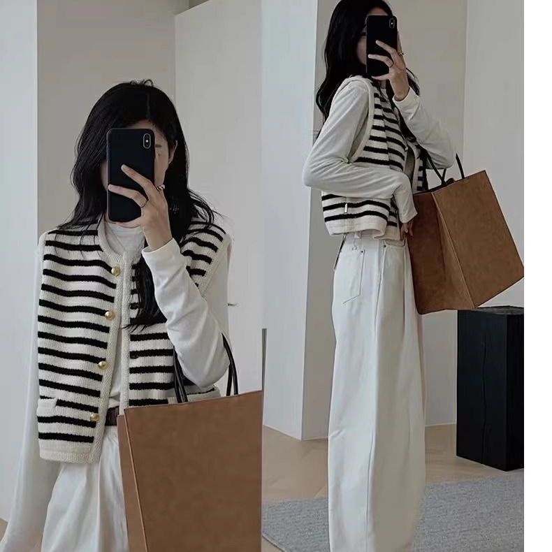 条纹短款圆领针织马甲女背心宽松秋季新款韩版外搭无袖毛衣开衫|undefined