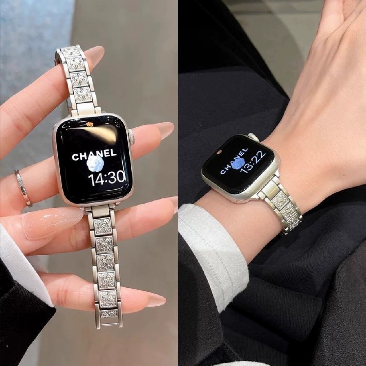 Подходит для iwatch9 трёхбусиновый тонкий полный алмазный ремень металлический с алмазной инкрустацией Apple watch 8/7/6 поколения новая модель 12мм женская