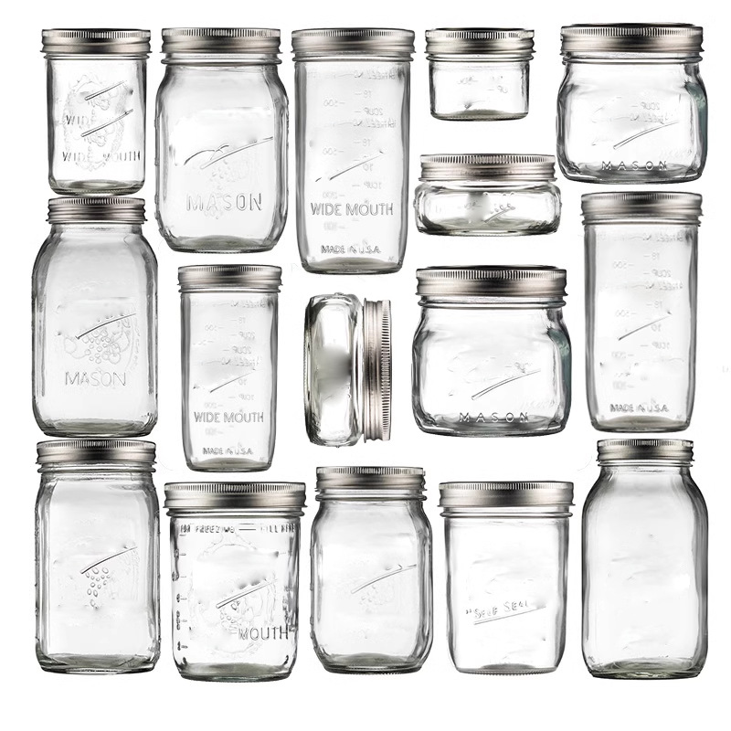 跨境亚马逊美式梅森罐玻璃透明隔夜燕麦杯宽口果酱密封罐梅森瓶子