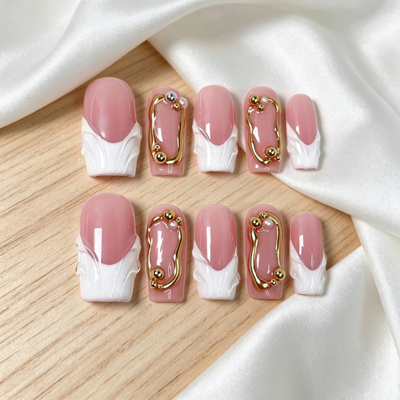 Purely Handmade Square White French-Style Nail Tips with Gold Lines and Pearls, Simple and Versatile Nail Art Stickers Purely Handmade Square White French-Style Nail Tips with Gold Lines and Pearls, Simple and Versatile Nail Art Stickers