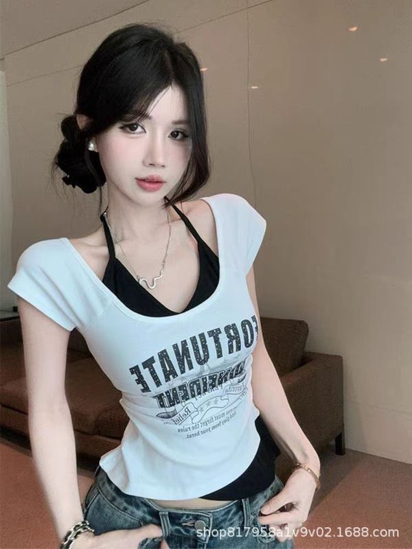 辣妹撞色假两件挂脖短袖t恤女夏季小个子设计感修身显瘦短款上衣|undefined