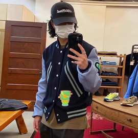 潮牌美式复古皮袖拼接棒球服春秋季高街cleanfit刺绣毛呢短款夹克