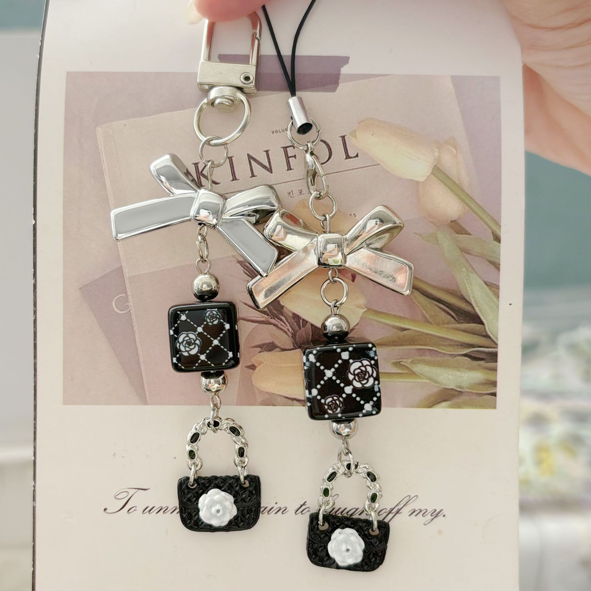 Ins Style Sweet Cool Elegant Mobile Phone Chain Silver Bow Mobile Phone Lanyard Black Ccd Lanyard Bag Hanging Key Chain