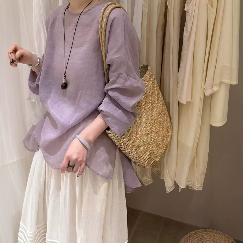 Summer New Style Ramie Tie-Up Shirt, Artistic Retro Versatile Slimming and Height-Enhancing Simple Solid Color Loose Top Casual Wear