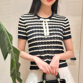 夏季新款法式钩花镂空花边短袖上衣时尚百搭柔软温柔风针织衫女潮
