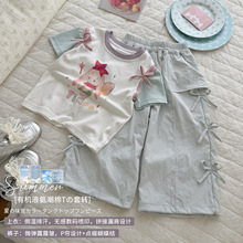 女童套装26 新款液氨潮棉漏肩T恤微弹褶皱蝴蝶结P帘裤儿童两件套