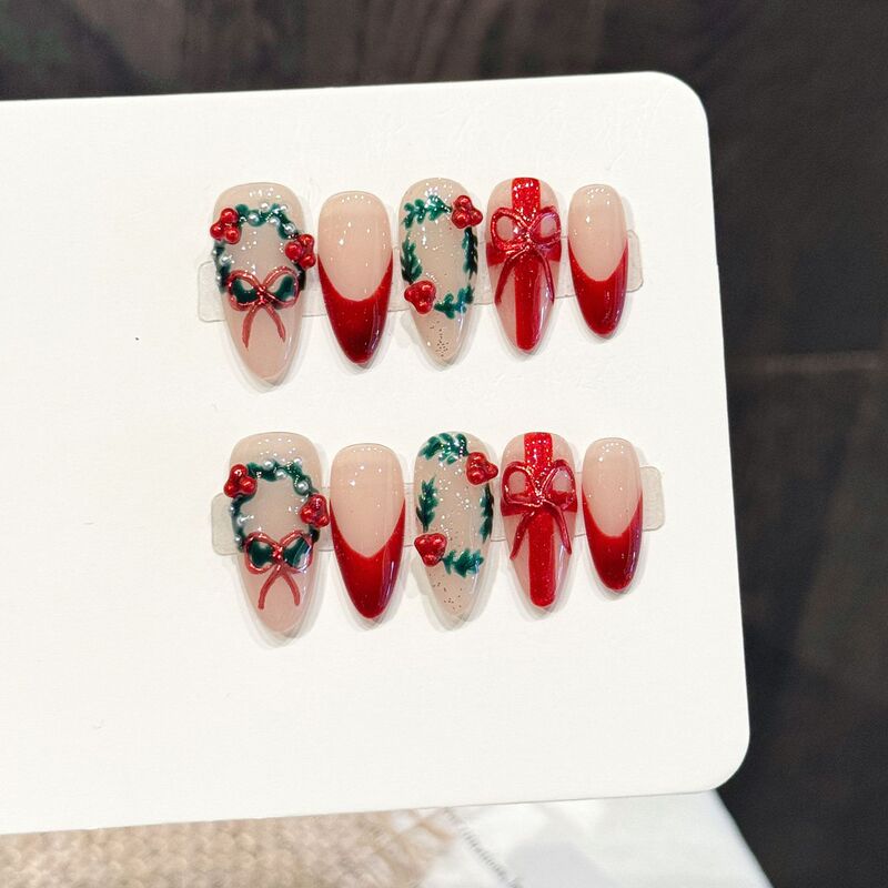 Yihe Original [Christmas Colorful Rhyme] Christmas Red Nude Wearable Nail Garland Bow Whitening Holiday Nail Art Pieces