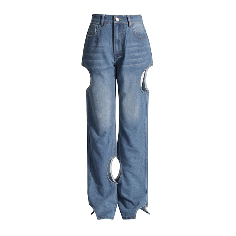 Women's Clothing Fashionable and casual high end straight pants high waist hollow design women's jeans_voghion.com