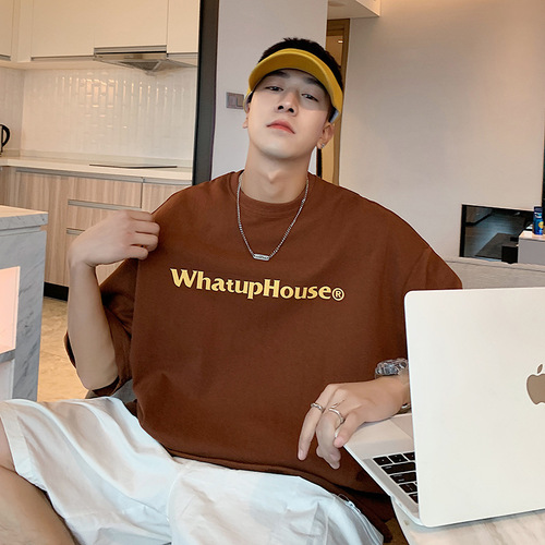 Cross-border Instagram short-sleeved t-shirt for men, Hong Kong-style printed crew neck t-shirt, Hong Kong-style simple and versatile trendy brand five-quarter upper garment