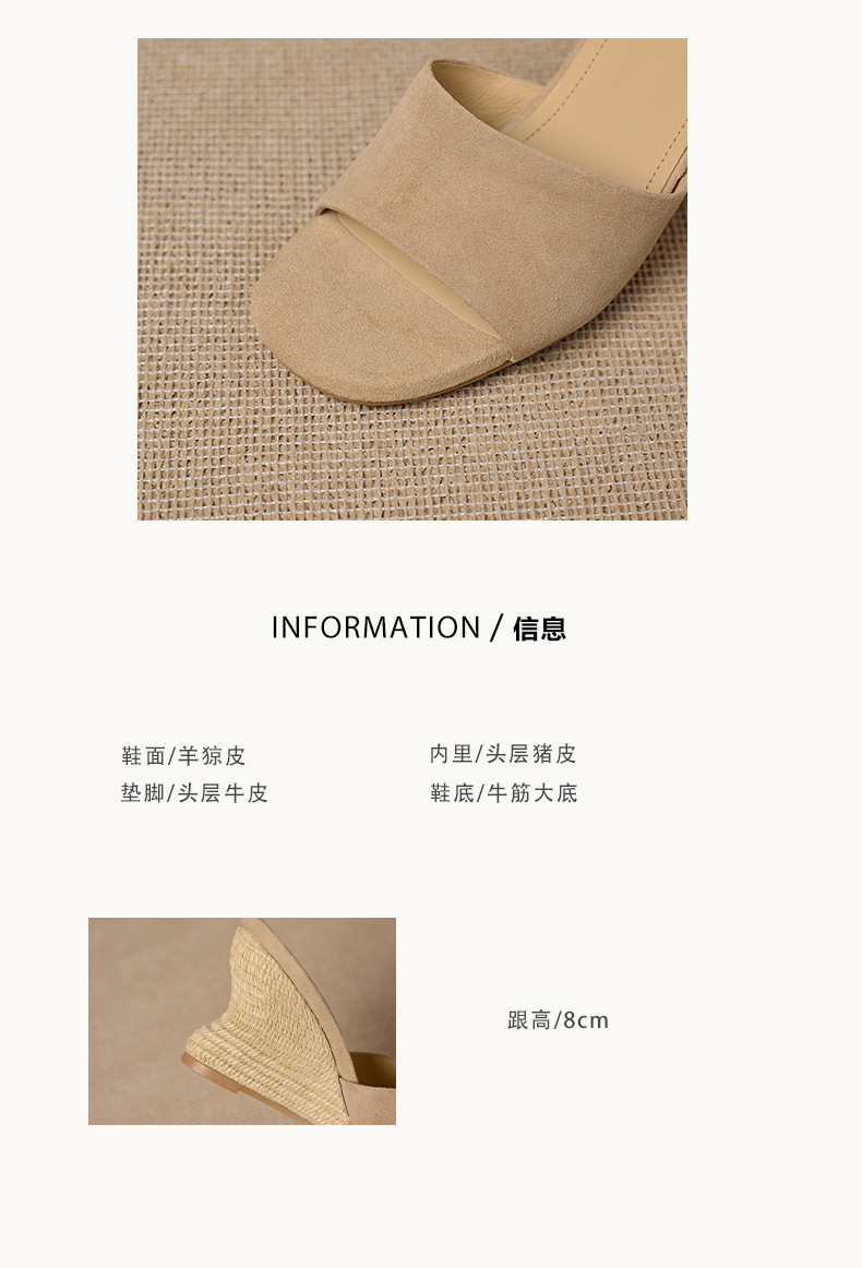 Dép sandal nữ quai ngang gót xuồng cao 9 cm, mũi hở, chất liệu da lộn giả cừu — Hồng, Màu hạnh- chi tiết 2