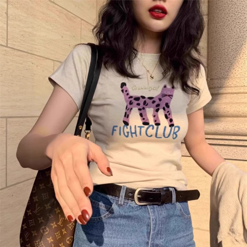 American-Style Straight-Shoulder Short-Sleeve T-Shirt for Women, Summer New Cartoon Print Slim-Fit Short Top for Petite Girls American-Style Straight-Shoulder Short-Sleeve T-Shirt for Women, Summer New Cartoon Print Slim-Fit Short Top for Petite Girls