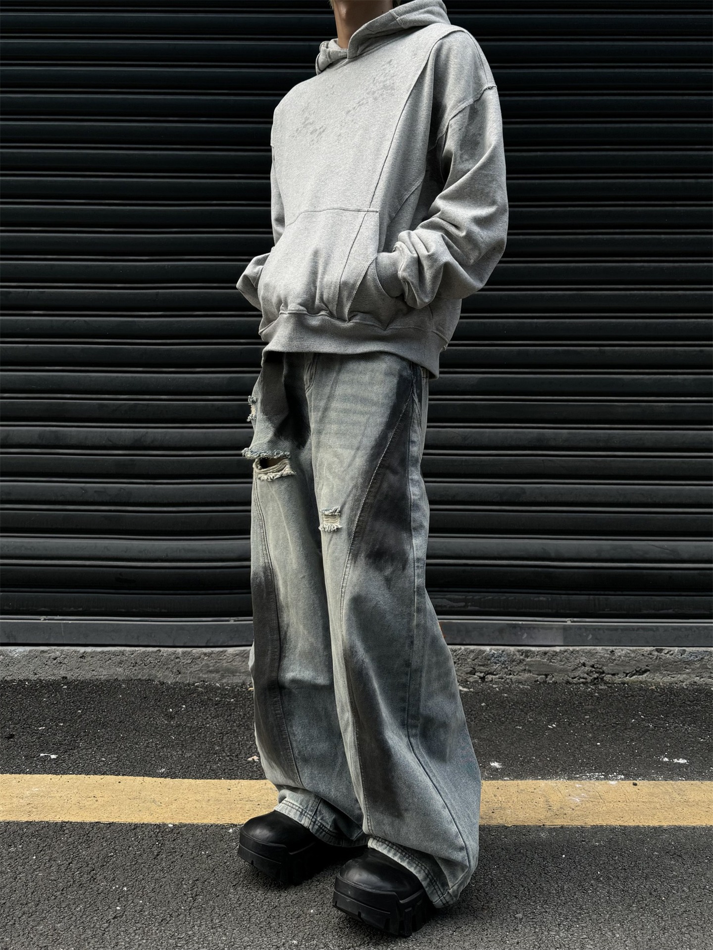 High Street Summer Retro Autumn Vibe Ink Splash Hole Jeans Loose Deconstructed Straight Wide Leg Long Pants_viptrois.com