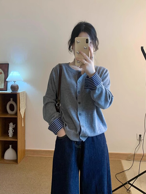 简约时尚拼接格子单排扣针织开衫上衣女秋冬别致显瘦毛衣打底外套|undefined