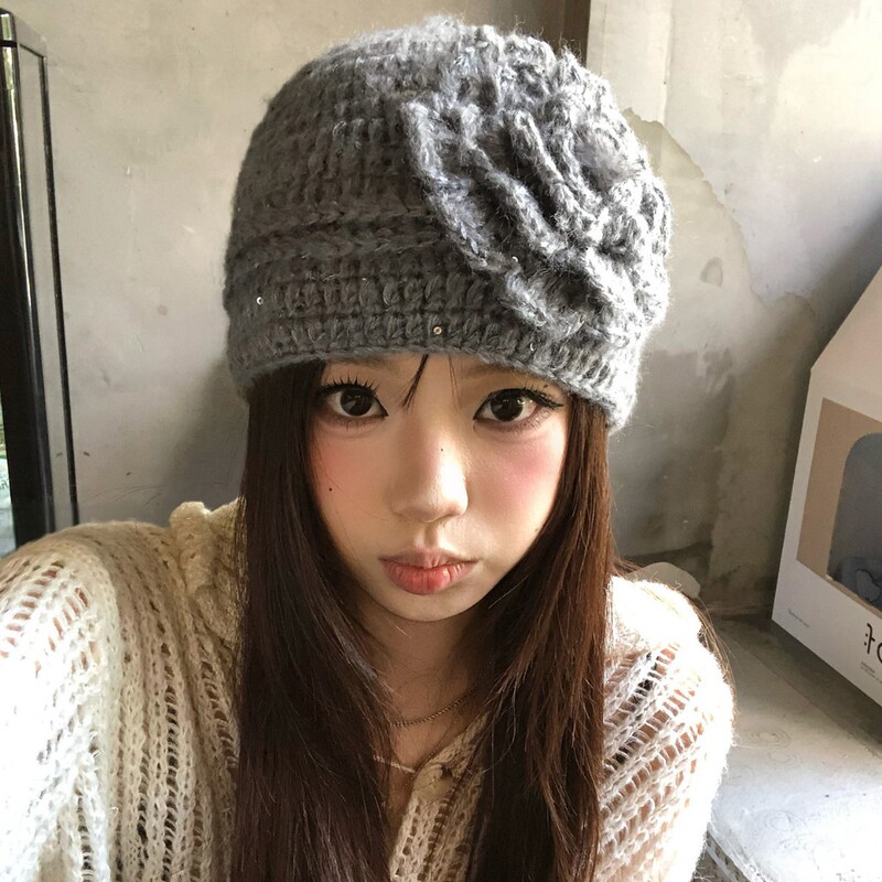 秋冬文艺百搭毛线帽亮片钩花帽子女复古氛围感花朵针织套头帽|undefined