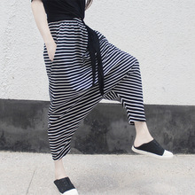 2024夏季纯棉休闲裤韩国大裆条纹吊裆裤松紧腰女裤潮大码垮裤显瘦