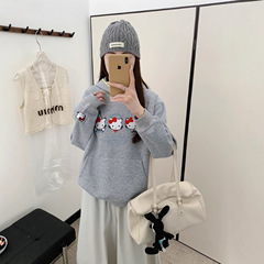AE韩系爆款可爱卡通KT猫咪刺绣撞色连帽长袖卫衣简约百搭832