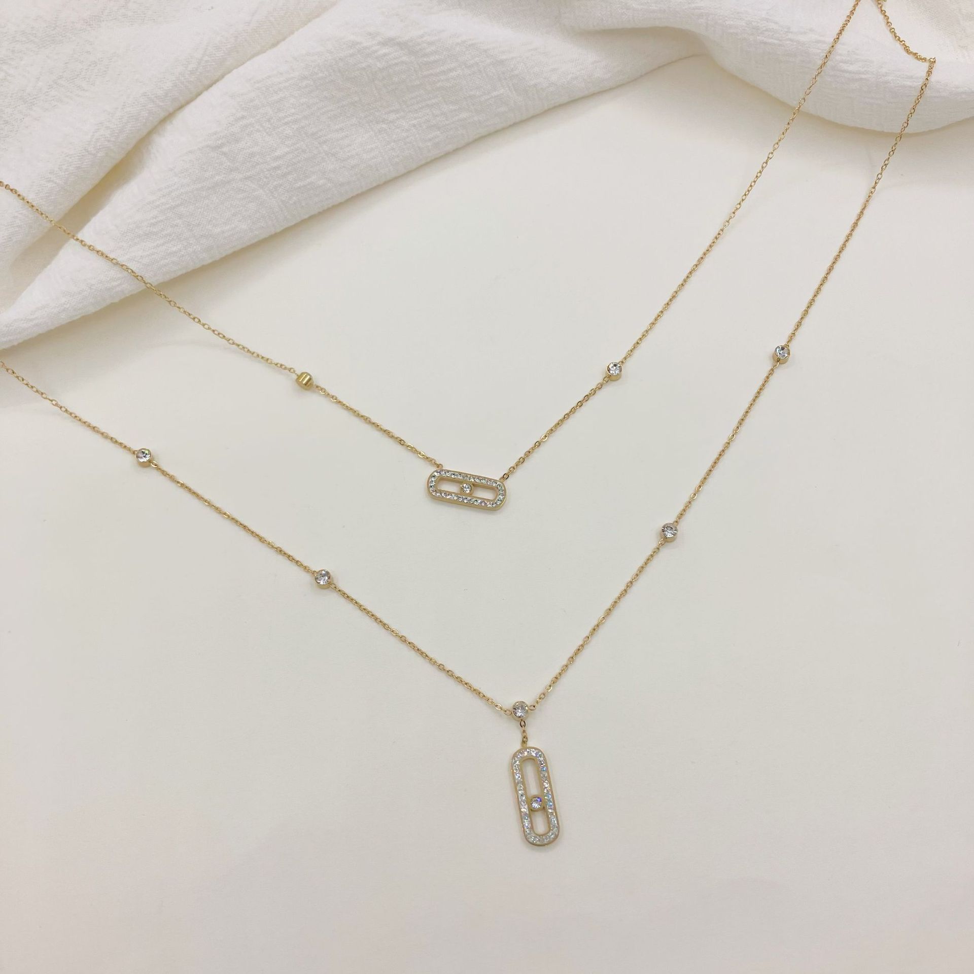 Fashion Paper Clip Stainless Steel Plating Zircon Layered Necklaces