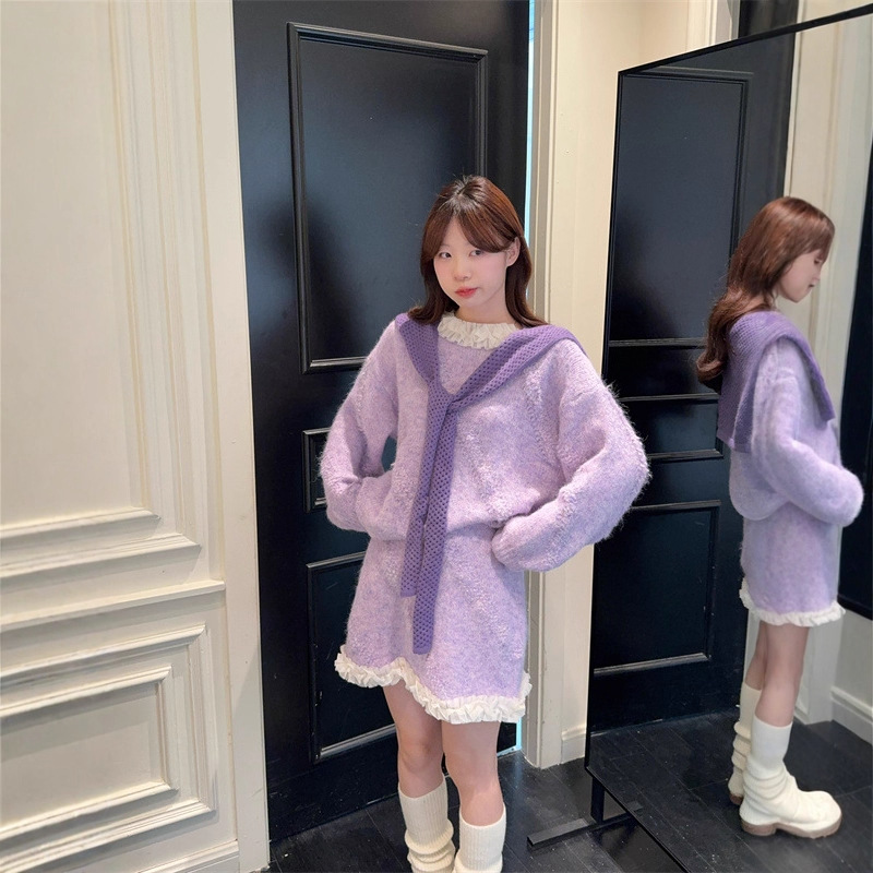 复古针织围巾披肩花边拼接软糯长袖毛衣半身裙女2025秋季新款套装|undefined